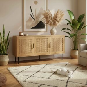 wohnli-moebel-suche-M25133673-1 Skandinavisches rechteckiges Sideboard mit 3 Türen L150 cm Holz 150x75x40cm Holz Beige Oviala Möbel Esszimmermöbel Sideboards, Highboards & niedrige Anrichten