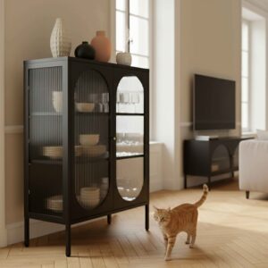 wohnli-moebel-suche-M25133684-1 Modernes 2-türiges Sideboard 80 cm aus Metall und schwarzem Glas 80x110x35cm Stahl Schwarz Oviala Möbel Esszimmermöbel Sideboards, Highboards & niedrige Anrichten
