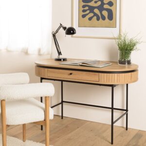 wohnli-moebel-suche-M25136206-1 Runder Schreibtisch in Naturfarbe 120x77x60cm Spanplatte Braun MACABANE Möbel Büromöbel Schreibtische