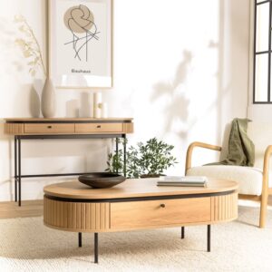 Runder Couchtisch in Naturfarbe 120x40x60cm Spanplatte Braun MACABANE Möbel Wohnzimmermöbel Couchtische