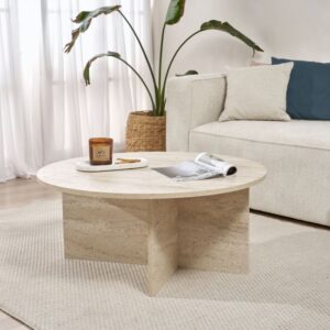 wohnli-moebel-suche-M25137063-1 Couchtisch mit abgerundeter Platte L90 cm - Travertindekor 90x40x90cm Spanplatte Beige Calicosy Möbel Wohnzimmermöbel Couchtische