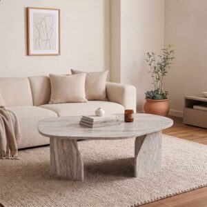 wohnli-moebel-suche-M25137070-1 Couchtisch mit organisch geformter Platte L100 cm - Travertindekor 100x35x60cm Spanplatte Beige Calicosy Möbel Wohnzimmermöbel Couchtische