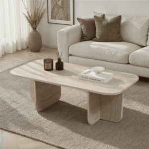 wohnli-moebel-suche-M25137076-1 Couchtisch mit abgerundeten Kanten L120 cm - Dekor Travertin 120x41x60cm Spanplatte Beige Calicosy Möbel Wohnzimmermöbel Couchtische