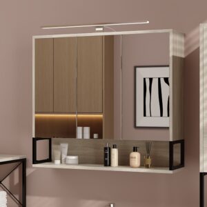 wohnli-moebel-suche-M25137096-1 Badspiegelschrank mit LED-Licht Eiche/Schwarz 80x71.5cm 80x72x20cm Spanplatte Braun Vicco Möbel Badezimmermöbel Badezimmerschränke