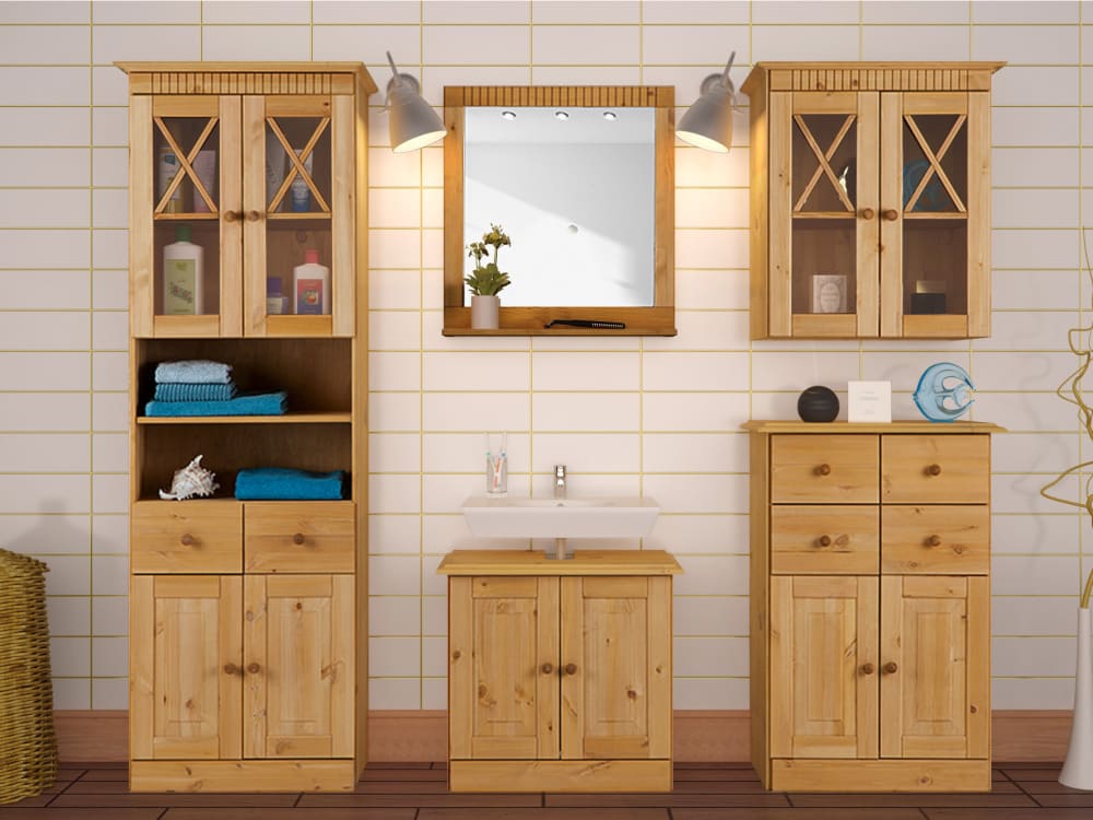 Waschbeckenunterschrank mit 2 Türen 4 Schubladen aus Kiefer 30x90x60cm Holz Braun Loft24 Möbel Badezimmermöbel Badezimmerschränke