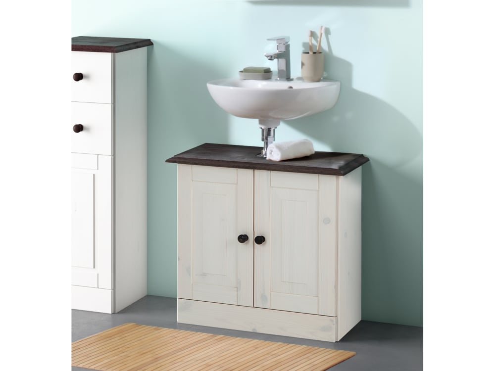 Waschbeckenunterschrank mit 2 Türen aus Kiefer lackiert Weiß 30x55x60cm Holz Weiß Loft24 Möbel Badezimmermöbel Badezimmerschränke