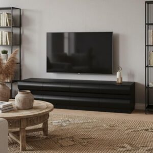 wohnli-moebel-suche-M25140694-1 Meuble tv 8 tiroirs arrondis Mezade Bois Noir 180x40x41cm Spanplatte Schwarz Menzzo Möbel Wohnzimmermöbel TV-Möbel