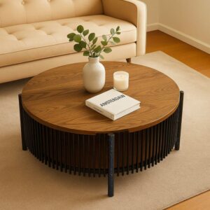 Runder Couchtisch mit Stauraum L84cm Curcuma Holz und Metall lackiert 84x42x84cm Holz Braun Menzzo Möbel Wohnzimmermöbel Couchtische