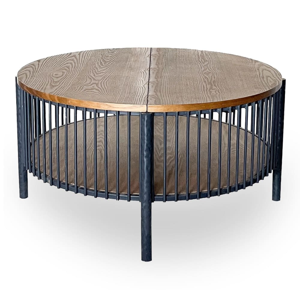 Wohnli Möbelsuche - Runder Couchtisch mit Stauraum L84cm Curcuma Holz und Metall lackiert
