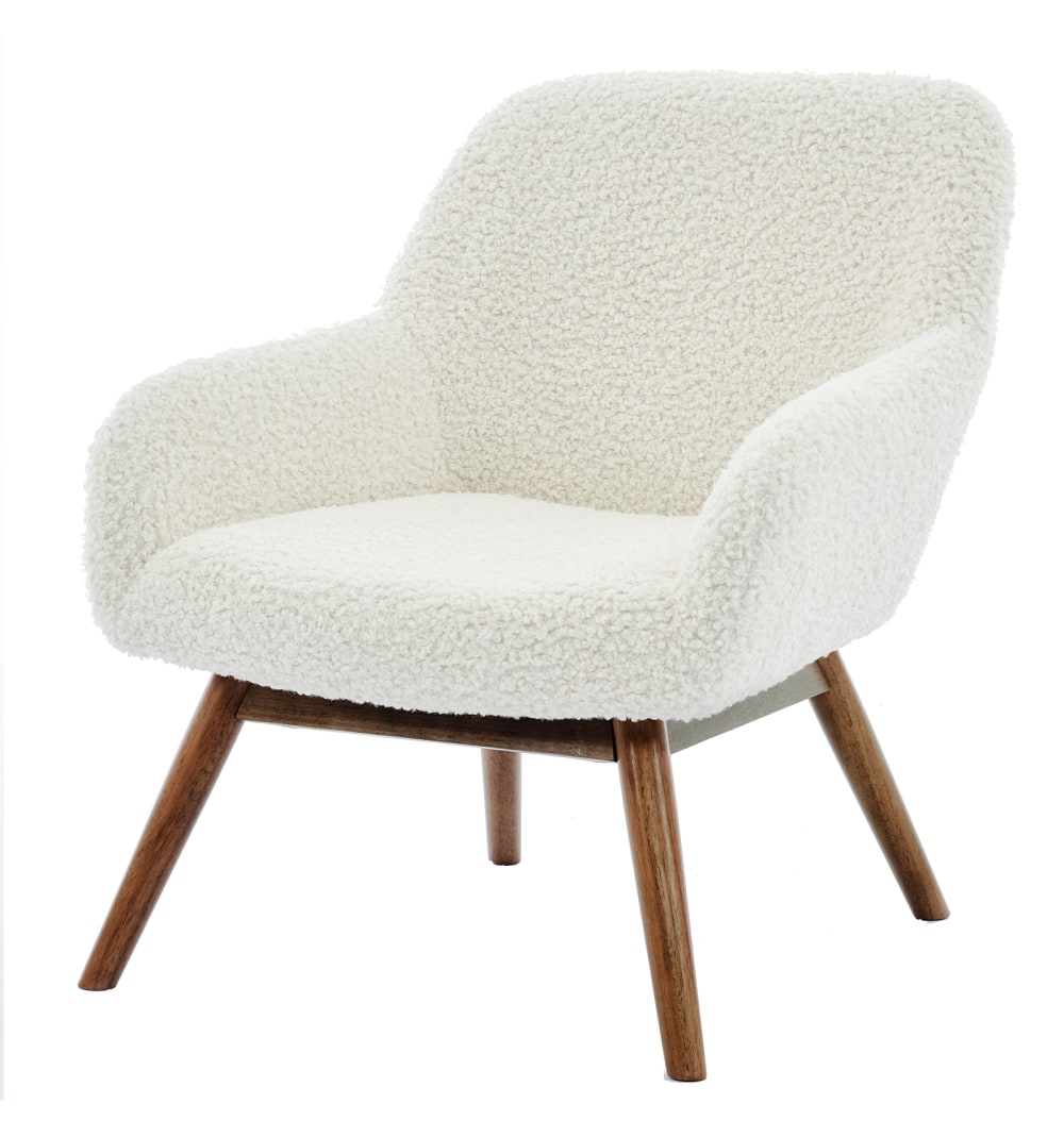 Wohnli Möbelsuche - Sessel aus Nussbaumholz und Bouclé- Stoff in Ecru