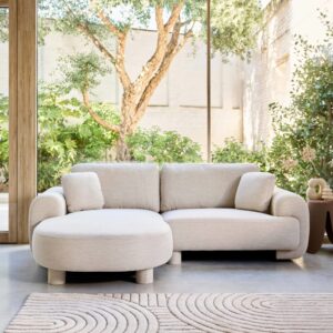 wohnli-moebel-suche-M25143976-1 3-Sitzer Ecksofa Recamiere links mit cremefarbenem Stoffbezug 231x88x160cm Stoff Beige sweeek Sofas und Sessel Sofas Ecksofas