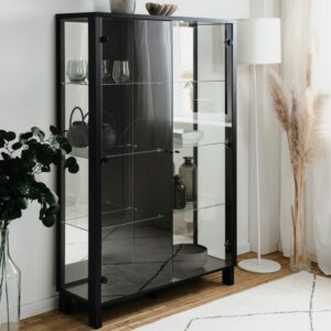 wohnli-moebel-suche-M25147229-1 Vitrine mit 2 Glastüren und 6 Glasböden in Schwarz und Spiegel L100cm 100x150x33cm Spanplatte Schwarz Calicosy Möbel Esszimmermöbel Vitrine und Vitrinenschrank