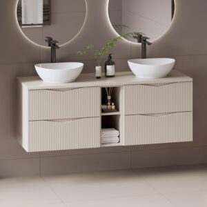 wohnli-moebel-suche-M25149047-1 Doppelwaschtisch 140cm 2 Nischen Melamin Kaschmir 141x52x47cm Spanplatte Beige Petits meubles Möbel Badezimmermöbel Waschtische