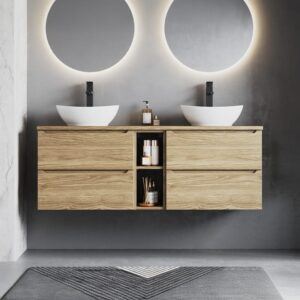 wohnli-moebel-suche-M25149071-1 Doppelwaschtisch 140cm 2 Nischen Melamin Holz 141x52x47cm Spanplatte Braun Petits meubles Möbel Badezimmermöbel Waschtische