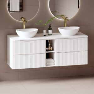wohnli-moebel-suche-M25149078-1 Doppelwaschtisch 140cm 2 Nischen Melamin Weiß 141x52x47cm Spanplatte Weiß Petits meubles Möbel Badezimmermöbel Waschtische