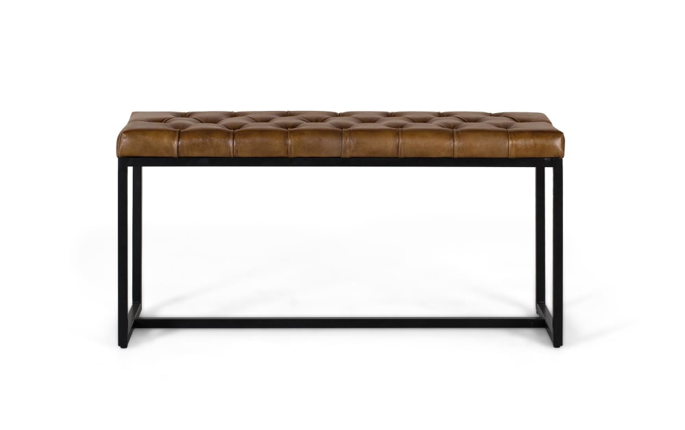 wohnli-moebel-suche-M25151552 Wohnli Möbelsuche - Bank mit gepolsterter Sitzfläche aus Leder und Beinen aus Eisen