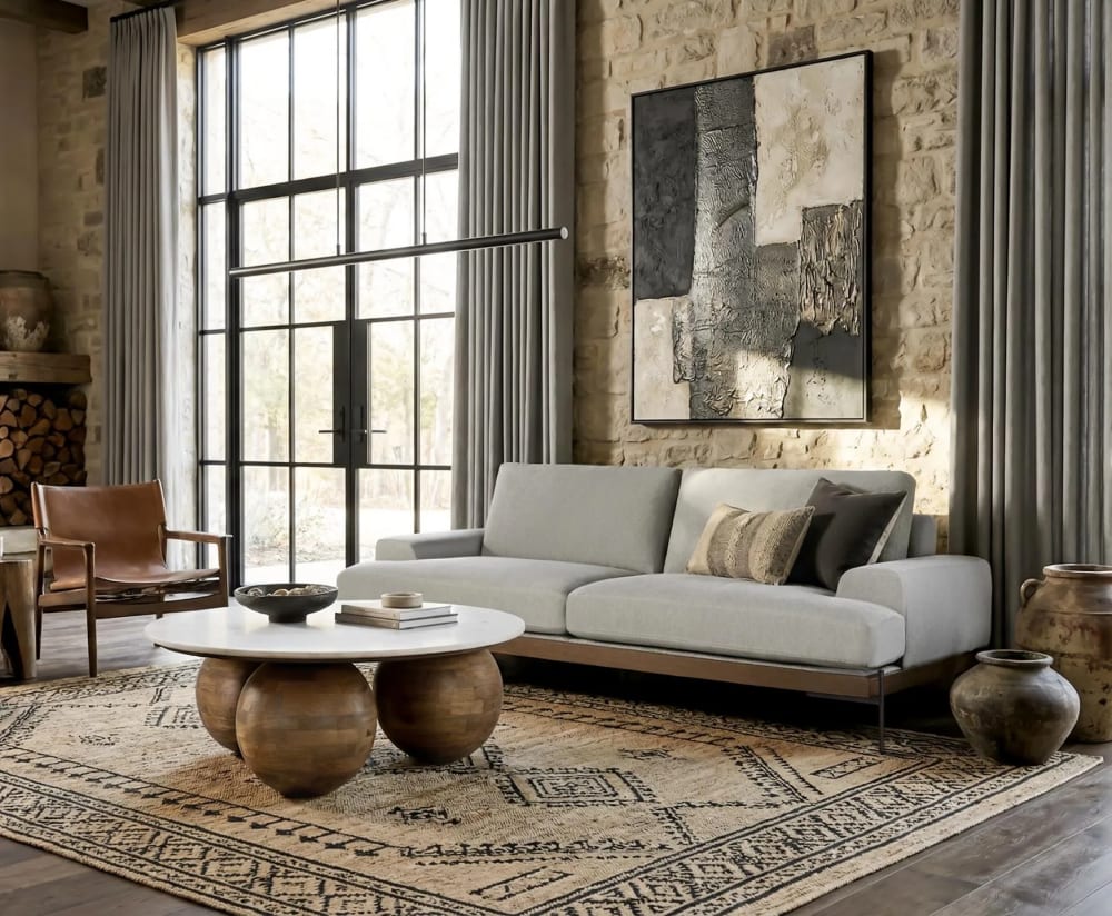 6-Sitzer-Sofa mit grauem Leinenstoff und Metallbeinen 225x80x89cm Stoff Grau GINER Y COLOMER Sofas und Sessel Sofas 2-Sitzer-Sofas & 3-Sitzer-Sofas