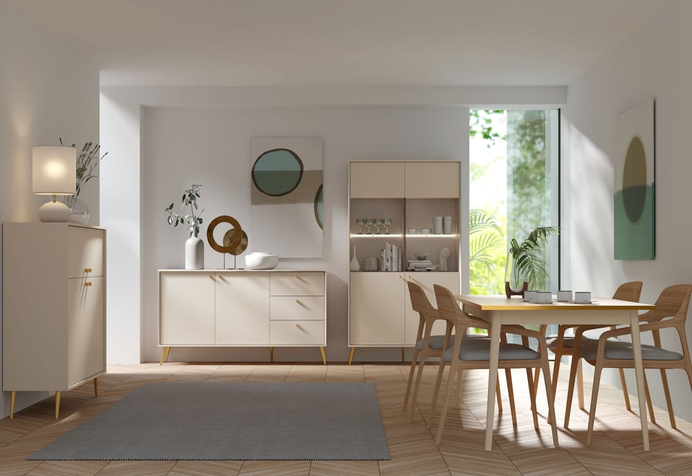 Vitrine Socci 191x41x106cm Holz Beige Fedve Möbel Esszimmermöbel Vitrine und Vitrinenschrank