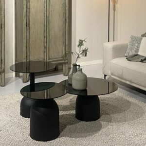Couchtisch D55 cm schwarzem Glas und lackiertem Stahl 55x55x55cm Metall Schwarz Moloo Möbel Wohnzimmermöbel Beistelltische
