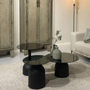 Couchtisch D50 cm schwarzem Glas und lackiertem Stahl 50x45x50cm Metall Schwarz Moloo Möbel Wohnzimmermöbel Beistelltische