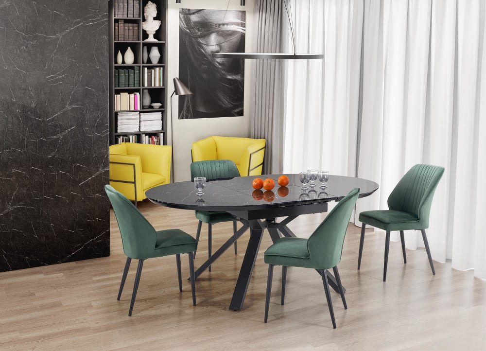 Ausziehbarer runder Tisch  Glas Marmoroptik Metallgestell Ø 130/180 cm 130x76x130cm Glas Schwarz That's Casa Möbel Esszimmermöbel Esstische
