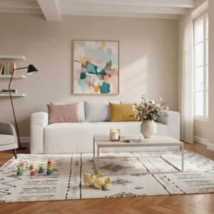 wohnli-moebel-suche-M25156190-1 3-Sitzer-Sofa mit gerippten Kanten und ecrufarbenen Kissen L 200 cm 200x72x88cm Stoff Weiß Oviala Sofas und Sessel Sofas 2-Sitzer-Sofas & 3-Sitzer-Sofas