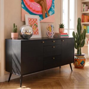 Designer-Sideboard aus dunklem Holz mit 2 Türen und 3 Schubladen 150x75x40cm Holz Schwarz Oviala Möbel Esszimmermöbel Sideboards, Highboards & niedrige Anrichten