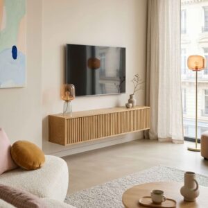 wohnli-moebel-suche-M25156213-1 Skandinavischer 160 cm Wand-TV-Schrank aus hellem Holz 160x30x30cm Holz Beige Oviala Möbel Wohnzimmermöbel TV-Möbel