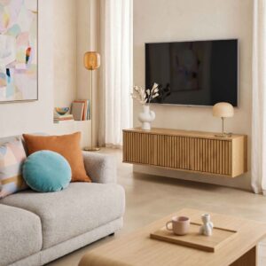 wohnli-moebel-suche-M25156215-1 Skandinavischer 120 cm Wand-TV-Schrank aus hellem Holz 120x30x30cm Holz Beige Oviala Möbel Wohnzimmermöbel TV-Möbel