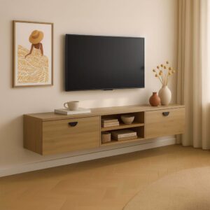 160 cm industrieller TV-Wandschrank aus hellem Holz 160x30x30cm Holz Beige Oviala Möbel Wohnzimmermöbel TV-Möbel