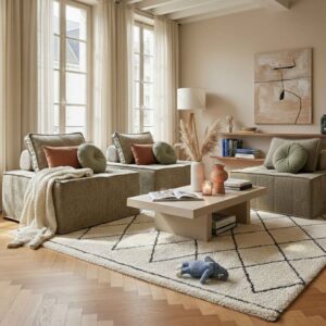 wohnli-moebel-suche-M25156881-1 3-Sitzer-Modulsofa aus Stoff mit taupefarbenen Kissen L 255 cm 255x75x85cm Stoff Beige Oviala Sofas und Sessel Sofas 2-Sitzer-Sofas & 3-Sitzer-Sofas