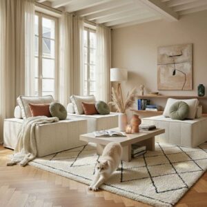 3-Sitzer-Modulsofa aus Stoff mit ecrufarbenen Kissen L 255 cm 255x75x85cm Stoff Weiß Oviala Sofas und Sessel Sofas 2-Sitzer-Sofas & 3-Sitzer-Sofas