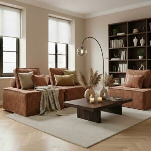 wohnli-moebel-suche-M25156918-1 3-Sitzer-Modulsofa aus Stoff mit terrakottafarbenen Kissen L 255 cm 255x75x85cm Stoff Braun Oviala Sofas und Sessel Sofas 2-Sitzer-Sofas & 3-Sitzer-Sofas