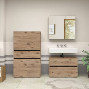 wohnli-moebel-suche-M25158817-1 Waschbeckenunterschrank mit 4 Türen 1 Schublade in Eichenoptik 35x130x76cm Spanplatte Braun Loft24 Möbel Badezimmermöbel Badezimmerschränke