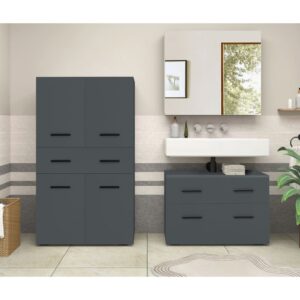 wohnli-moebel-suche-M25158825-1 Waschbeckenunterschrank mit 4 Türen 1 Schublade in Anthrazit 35x130x76cm Spanplatte Grau Loft24 Möbel Badezimmermöbel Badezimmerschränke