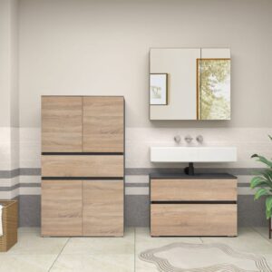 wohnli-moebel-suche-M25158828-1 Waschbeckenunterschrank mit 4 Türen 1 Schublade in Eichenoptik 35x130x76cm Spanplatte Grau Loft24 Möbel Badezimmermöbel Badezimmerschränke