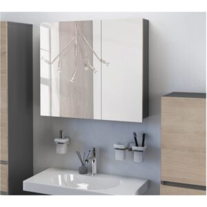 wohnli-moebel-suche-M25158857-1 Badschrank zur Wandmontage mit Spiegel in Eichenoptik Anthrazit 15x70x80cm Spanplatte Grau Loft24 Möbel Badezimmermöbel