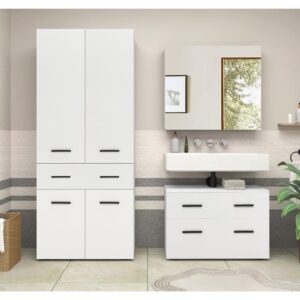 wohnli-moebel-suche-M25158859-1 Waschbeckenunterschrank mit 4 Türen 1 Schublade in Weiß 35x180x76cm Spanplatte Weiß Loft24 Möbel Badezimmermöbel Badezimmerschränke