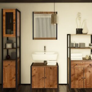 wohnli-moebel-suche-M25160201-1 Badhochschrank mit 2 Türen und 1 Schublade in Holzoptik 35x180x33cm Spanplatte Braun Loft24 Möbel Badezimmermöbel Badezimmerschränke