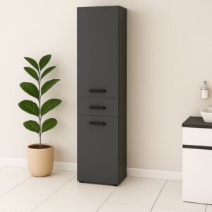 wohnli-moebel-suche-M25160202-1 Badhochschrank mit 2 Türen 1 Schublade in Holzoptik Anthrazit 35x180x38cm Spanplatte Grau Loft24 Möbel Badezimmermöbel Badezimmerschränke
