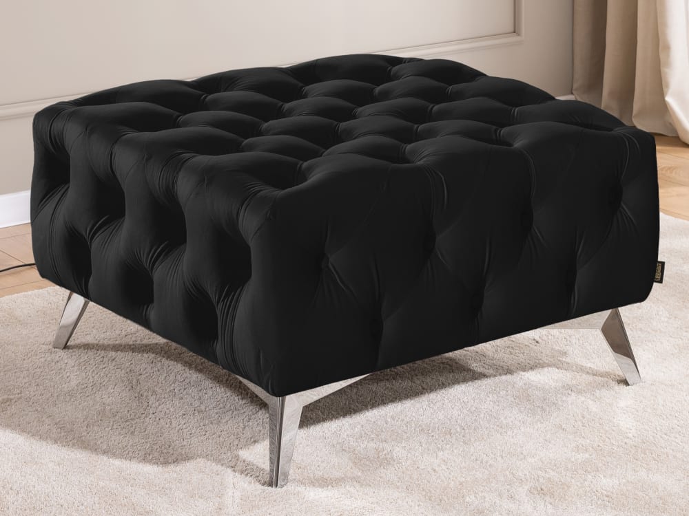 Chesterfield Fußhocker aus schwarzem Samt mit verchromten Füßen 80x45x80cm Holz Schwarz S-Style Sofas und Sessel Sessel, Poufs und Fußbänke Sitzsäcke