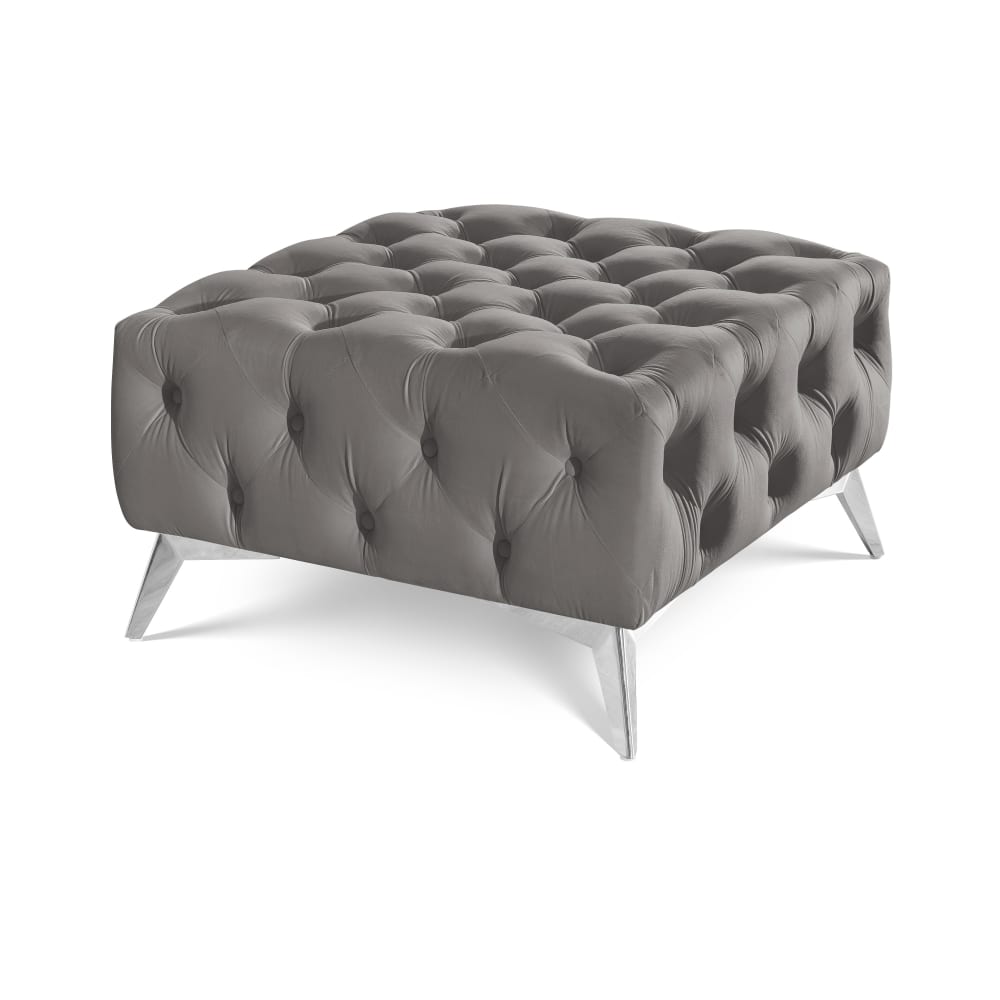 Wohnli Möbelsuche - Chesterfield Fußhocker aus grauem Samt mit verchromten Füßen