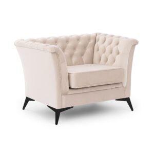 Wohnli Möbelsuche - Chesterfield Sessel aus beigem Samt mit schwarzen Füßen