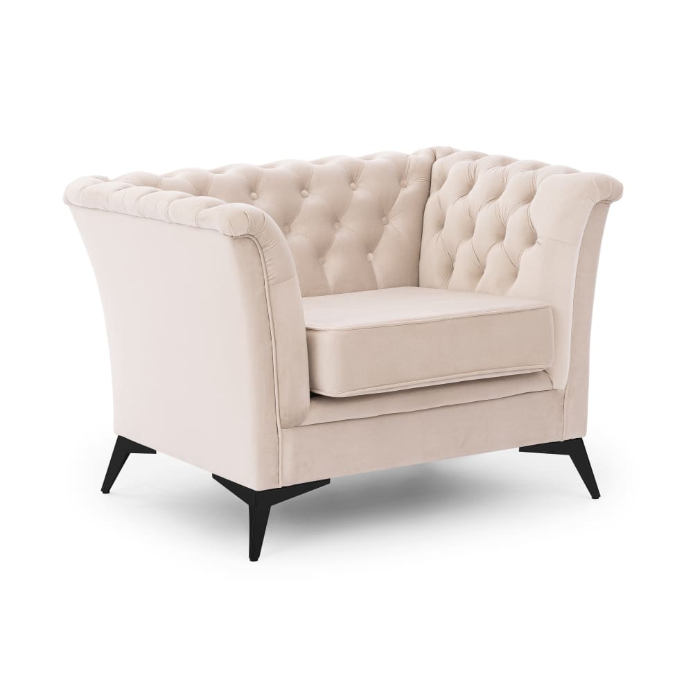 Wohnli Möbelsuche - Chesterfield Sessel aus beigem Samt mit schwarzen Füßen