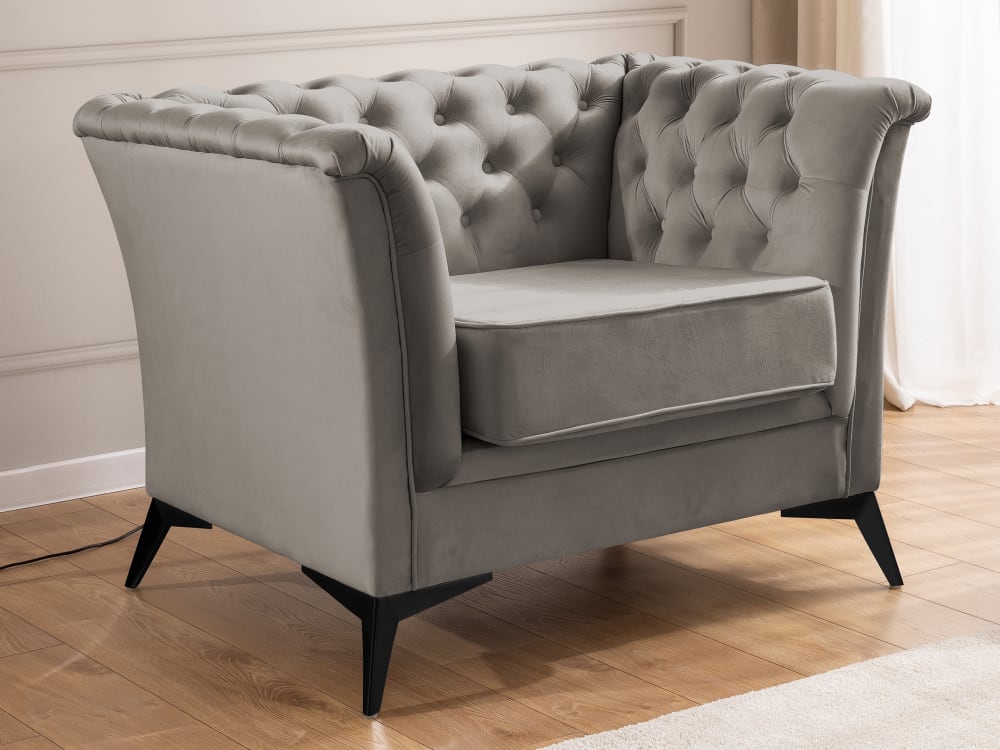 Chesterfield Sessel aus grauem Samt mit schwarzen Füßen 82x78x166cm Holz Grau S-Style Sofas und Sessel Sessel, Poufs und Fußbänke Sessel