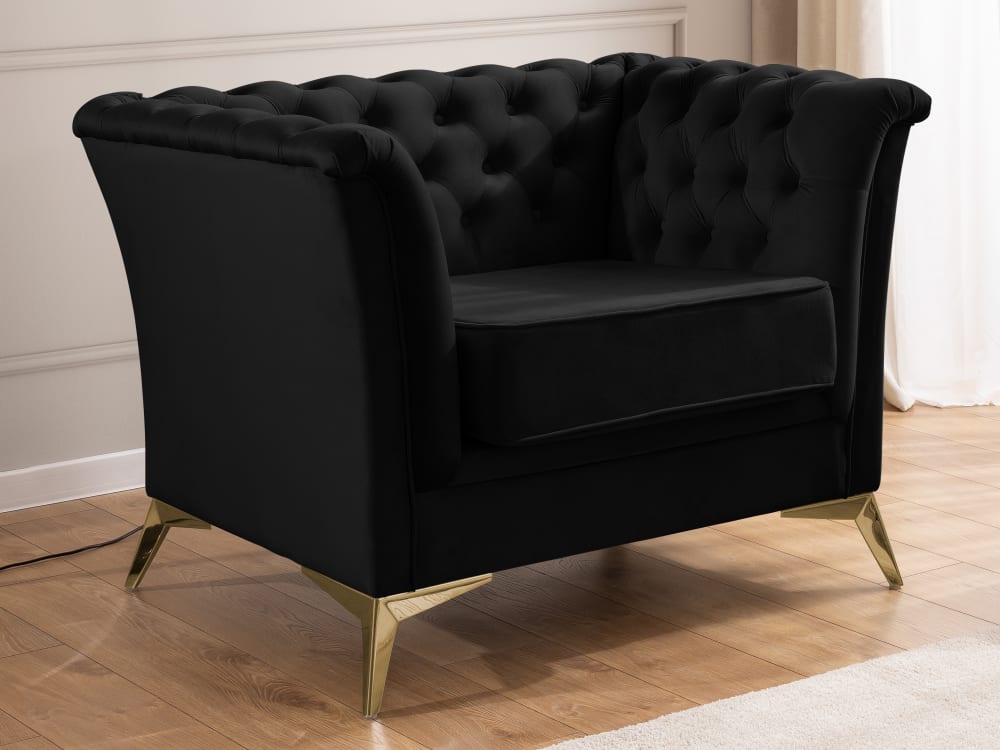 Chesterfield Sessel aus schwarzem Samt mit goldenen Füßen 82x78x166cm Holz Schwarz S-Style Sofas und Sessel Sessel, Poufs und Fußbänke Sessel