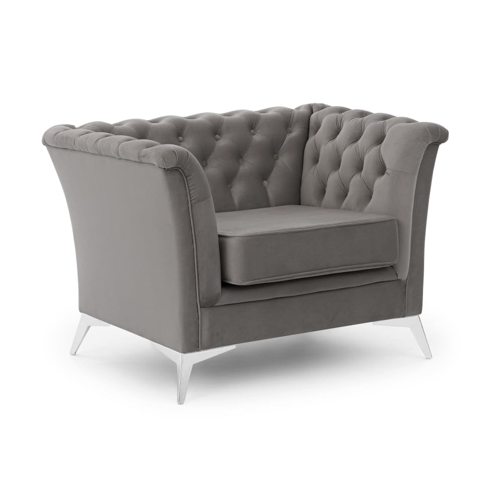 Wohnli Möbelsuche - Chesterfield Sessel aus grauem Samt mit verchromten Füßen