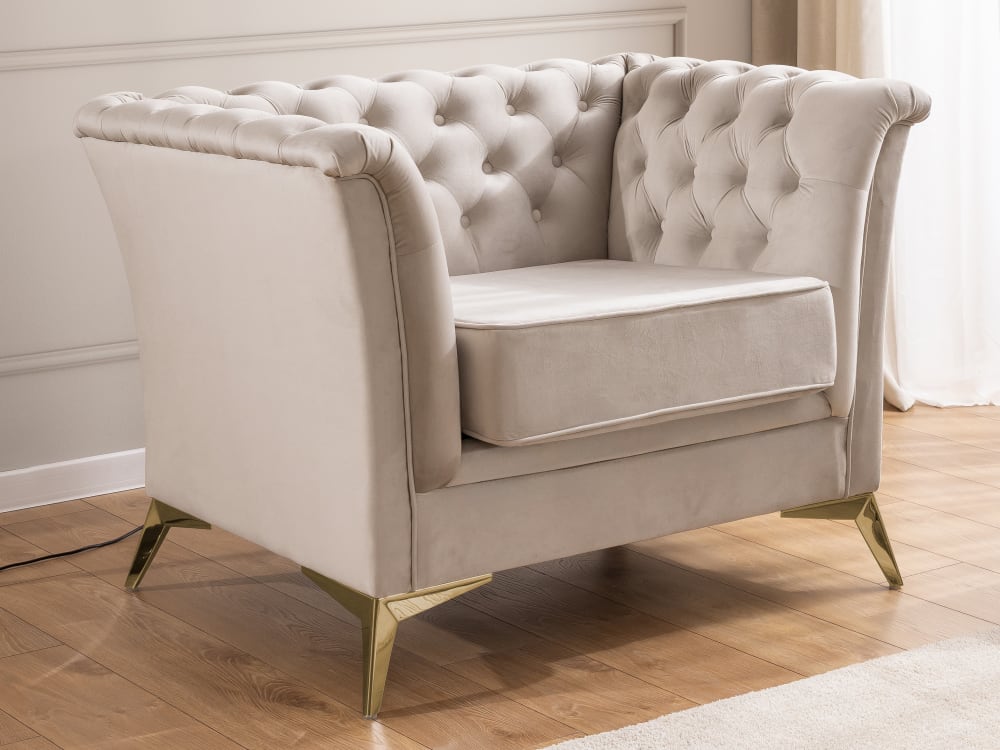 Chesterfield Sessel aus beigem Samt mit goldenen Füßen 82x78x166cm Holz Beige S-Style Sofas und Sessel Sessel, Poufs und Fußbänke Sessel