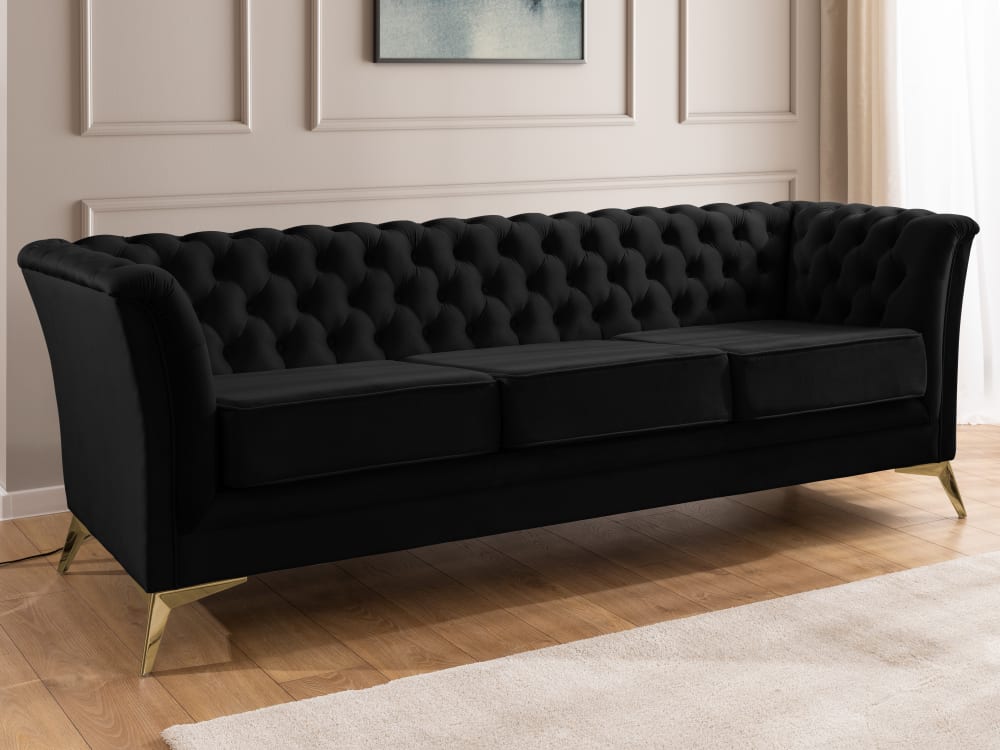Chesterfield 3-Sitzer Sofa aus schwarzem Samt mit goldenen Füßen 82x78x237cm Holz Schwarz S-Style Sofas und Sessel Sofas 2-Sitzer-Sofas & 3-Sitzer-Sofas