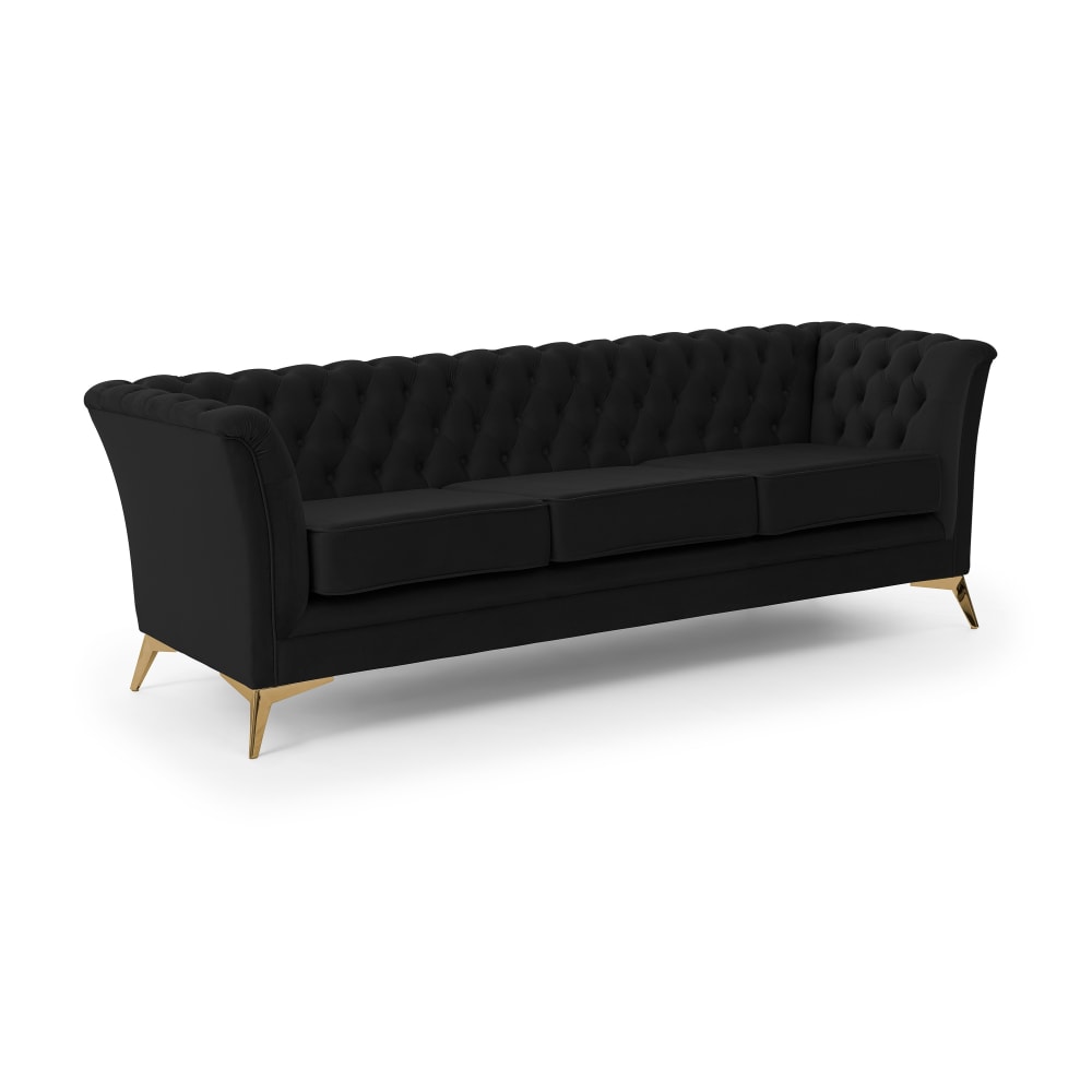 Wohnli Möbelsuche - Chesterfield 3-Sitzer Sofa aus schwarzem Samt mit goldenen Füßen